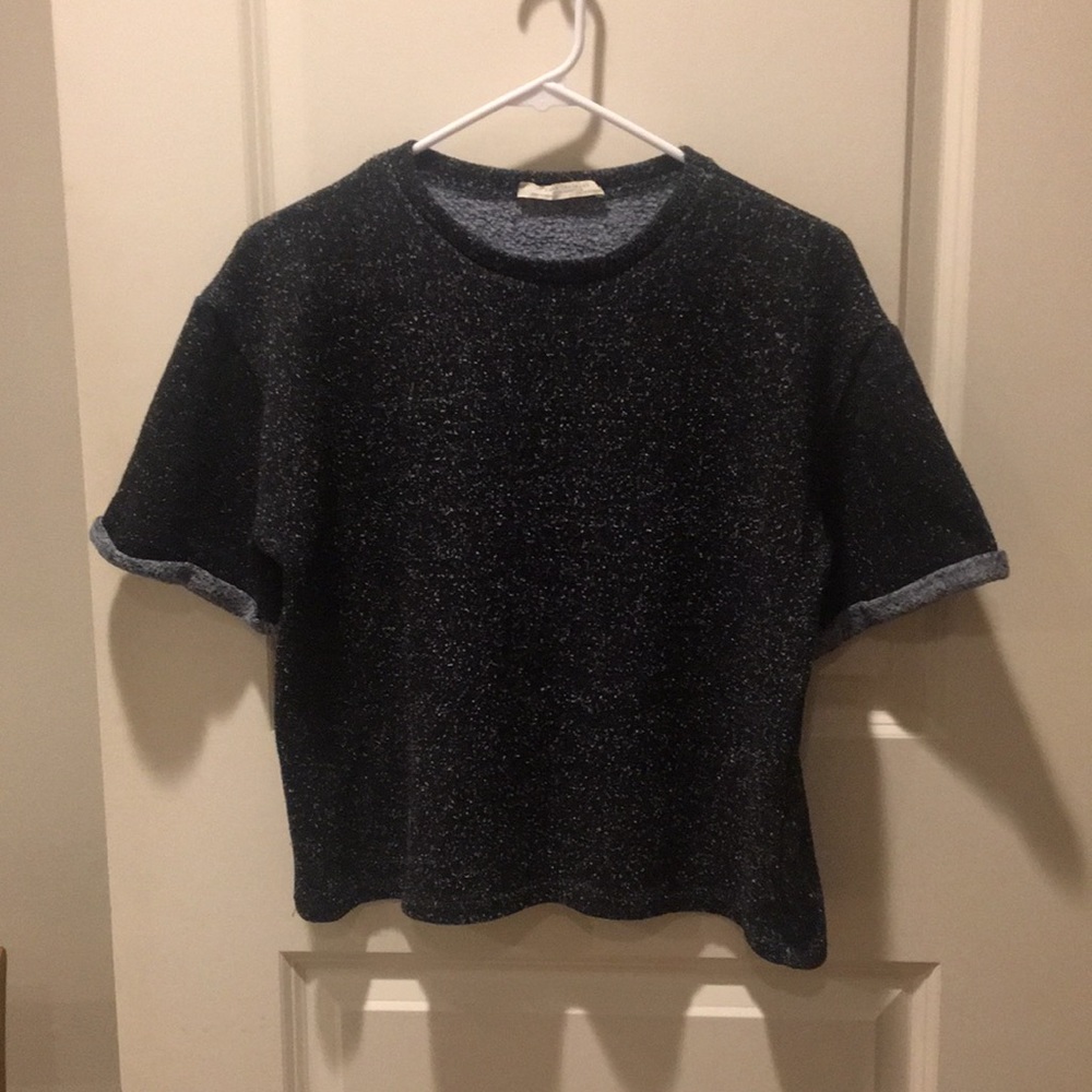 Zara Trafaluc womens crew neck tweed crop sweatshirt Top short sleeves size M
